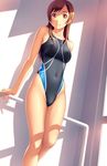  absurdres asics breasts brown_eyes brown_hair collarbone competition_swimsuit covered_nipples groin hair_ornament hairclip highleg highleg_swimsuit highres kuri_(kurigohan) large_breasts legs long_hair long_legs one-piece_swimsuit original solo swimsuit thighs 