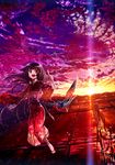  :d bird cloud floral_print flying highres japanese_clothes kimono lain long_hair long_sleeves no_nose obi open_mouth original pointing pointing_up purple_hair red_eyes road sash sky smile solo street sunset tabi vanishing_point 