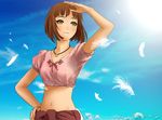  blouse brown_eyes brown_hair cloud day feathers highres jewelry last_exile last_exile:_gin'yoku_no_fam lavie_head midriff necklace raran ring short_hair sky solo upper_body 