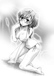  all_fours ano_natsu_de_matteru arino_hiroshi bikini breasts cleavage dutch_angle glasses greyscale large_breasts long_hair monochrome solo swimsuit takatsuki_ichika 