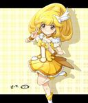  blonde_hair bow brown_choker character_name choker cure_peace double_v eyelashes hair_flaps kise_yayoi letterboxed magical_girl mizuhara_aki ponytail precure short_hair skirt smile smile_precure! solo standing standing_on_one_leg v wide_ponytail yellow yellow_bow yellow_eyes yellow_skirt 