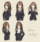  blush brown_hair bunkyo_takemi cardigan character_sheet closed_eyes copyright_name earrings expressions green_eyes hand_in_pocket hands_in_pockets idolmaster idolmaster_cinderella_girls jewelry long_hair necklace necktie open_mouth pout school_uniform shibuya_rin smile 