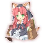  animal_ears bag bread cat_ears cat_tail chibi dress eating eiyuu_densetsu food frills full_body green_eyes kemonomimi_mode kneeling long_hair milk_carton no_nose nun red_hair ries_argent sandwich saru solo sora_no_kiseki tail veil white_background 