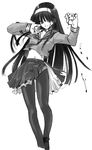  blood blood_on_face cynthia_the_mission fighting_stance flat_chest greyscale hairband highres kuga_araya long_hair midriff monochrome panties panties_under_pantyhose pantyhose pleated_skirt school_uniform senomoto_hisashi serafuku skirt solo torn_clothes torn_skirt underwear 