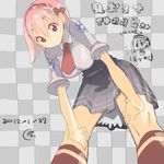  bent_over bow breasts checkered checkered_background chibi chibi_inset dated hands_on_own_knees large_breasts nakahara_(teriyaki) necktie original pink_hair red_eyes school_uniform skirt solo teriyaki translation_request 