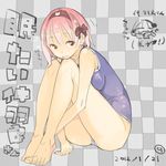  bad_id bad_pixiv_id bow checkered checkered_background chibi chibi_inset dated nakahara_(teriyaki) one-piece_swimsuit original pink_hair red_eyes school_swimsuit solo swimsuit teriyaki translation_request 