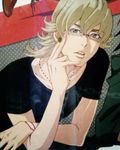  barnaby_brooks_jr black_shirt blonde_hair glasses green_eyes hand_on_another's_chin hand_on_chin lowres official_art shirt tiger_&amp;_bunny 