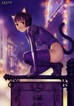  animal_ears ariverkao black_hair bodysuit cat_ears cat_tail highres original purple_eyes short_hair solo tail thighhighs 