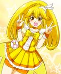  :d blonde_hair blush bow choker cure_peace eyelashes hagane_soushi hair_flaps highres kise_yayoi long_hair magical_girl open_mouth orange_choker orange_shorts ponytail precure shorts shorts_under_skirt skirt smile smile_precure! solo v wide_ponytail yellow yellow_bow yellow_eyes yellow_skirt 