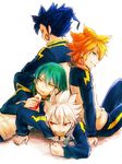  amemiya_taiyou angry bad_id bad_pixiv_id blue_eyes blue_hair eating green_hair hakuryuu_(inazuma_eleven) inazuma_eleven_(series) inazuma_eleven_go kariya_masaki long_hair lying male_focus multiple_boys open_mouth orange_hair red_eyes sitting sitting_on_person smile track_suit tsurugi_kyousuke white_hair yellow_eyes yuruya_(emlot) 