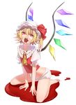  absurdres ascot bare_legs barefoot blonde_hair blood blood_on_face blood_stain bloody_clothes bloody_teeth bloomers fangs flandre_scarlet hat hat_ribbon highres no_pants open_mouth pointy_ears pool_of_blood puchiman red_eyes ribbon short_hair side_ponytail sitting solo teeth touhou underwear vampire wariza wings 