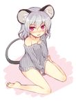  animal_ears bare_legs bare_shoulders barefoot blush bottomless clothes_tug grey_hair minamura_haruki mouse_ears mouse_tail naked_sweater nazrin no_pants off_shoulder red_eyes ribbed_sweater sitting sketch solo sweater sweater_tug tail touhou wariza 