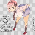  2012 bad_id bad_pixiv_id bent_over bow breasts checkered checkered_background chibi chibi_inset dated large_breasts nakahara_(teriyaki) necktie original pink_hair red_eyes school_uniform skirt solo teriyaki translation_request 