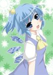  alternate_hairstyle ascot blue_eyes blue_hair blush bow cirno cosplay daiyousei daiyousei_(cosplay) dress fang hair_bow masiromu open_mouth shirt short_hair side_ponytail smile solo touhou wings 