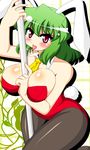  akasode_(tyaramu) animal_ears bare_shoulders between_breasts between_legs breasts bunny_ears bunny_girl bunny_tail bunnysuit cleavage green_hair huge_breasts kazami_yuuka necktie pantyhose pole red_eyes saliva saliva_trail sexually_suggestive short_hair solo tail tongue touhou yellow_neckwear 