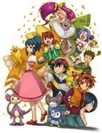  4girls adjusting_clothes adjusting_hat ambipom ayako_(pokemon) backpack bag black_hair blue_eyes breloom brown_eyes brown_hair closed_eyes confetti denim dress dustox eyewear_on_head gen_1_pokemon gen_3_pokemon gen_4_pokemon glameow hand_on_hip hat hikari_(pokemon) holding holding_poke_ball jewelry kengo_(pokemon) kojirou_(pokemon) long_hair meowth multiple_boys multiple_girls musashi_(pokemon) necklace necktie nozomi_(pokemon) open_mouth pikachu pinkish piplup poke_ball poke_ball_(generic) pokemon pokemon_(anime) pokemon_(creature) pokemon_dp_(anime) ponytail purple_hair red_eyes red_hair ribbon satoshi_(pokemon) short_hair sunglasses takeshi_(pokemon) twintails vest 