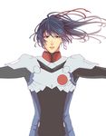  blue_hair brown_eyes long_hair macross macross_frontier male_focus outstretched_arms pilot_suit ponytail ramta saotome_alto simple_background white_background 