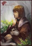  a_song_of_ice_and_fire bob_cut bran_stark brown_eyes brown_hair cape copyright_name fishghost fur_trim logo male_focus solo summer_(a_song_of_ice_and_fire) wolf 