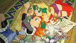  1999 1boy 1girl 90s blue_eyes candle carpet compass cup feena_(grandia) grandia grandia_i green_eyes green_hair hair_tubes hat hat_removed headwear_removed hontani_toshiaki justin_(grandia) layered_sleeves lying map miniskirt on_back on_stomach one_eye_closed orange_hair pointing skirt striped striped_legwear teacup tent thighhighs wallpaper 