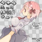  2012 bow breasts checkered checkered_background chibi chibi_inset dated from_above large_breasts looking_back nakahara_(teriyaki) necktie original pink_hair red_eyes school_uniform skirt smile solo teriyaki translation_request 