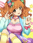  bow breasts brown_eyes earrings hair_bow idolmaster idolmaster_cinderella_girls jacket jewelry kogiso large_breasts long_hair moroboshi_kirari necklace open_mouth orange_hair sitting skirt smile solo twintails wavy_hair 