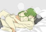  1girl bad_id bad_pixiv_id bed_sheet black_hair blush bottomless c.c. closed_eyes code_geass french_kiss girl_on_top green_hair hand_on_another's_head hetero kiss lelouch_lamperouge long_hair milk3go on_bed open_mouth orgasm panties panties_around_one_leg sex sheet_grab sweat tongue topless underwear 
