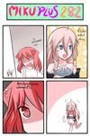  4koma :3 ahoge animal_ears blue_eyes blush_stickers braid carrying cat_ears catstudioinc_(punepuni) chibi comic dress drill_hair fang fish hair_ribbon heavy_breathing hiding highres ia_(vocaloid) long_hair multiple_girls o_o off_shoulder open_mouth original pink_hair puni_(miku_plus) red_eyes red_hair ribbon shirt short_hair skirt smile sweat take_it_home thai translated twin_braids v-shaped_eyebrows vocaloid white_dress 