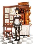  android apron bad_id bad_pixiv_id bangs bare_shoulders black_dress black_footwear black_hair black_legwear blueprint blunt_bangs boots bow cable chair checkered checkered_floor detached_sleeves dress english facial_mark frilled_dress frills gears hand_on_own_chest highres looking_at_viewer maid maid_headdress mole mole_under_eye original ribbon robot_joints schematics serving_cart shoes short_dress sleeveless sleeveless_dress solo standing steampunk thighhighs tsurime tube underbust vvcephei waist_apron yellow_eyes zettai_ryouiki 