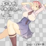  bad_id bad_pixiv_id bow breasts checkered checkered_background chibi chibi_inset dated large_breasts nakahara_(teriyaki) necktie open_mouth original pink_hair red_eyes rubbing_eyes school_uniform skirt solo teriyaki translation_request waking_up yawning 