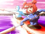  boat ghost hair_bobbles hair_ornament kayak oar onozuka_komachi open_mouth red_eyes red_hair shirosato solo touhou two_side_up water watercraft wetsuit 