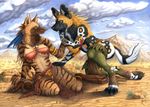  african_wild_dog blue_eyes canine clothed clothing couple eye_contact feather female green_eyes hyena kikivuli looking_at_each_other male mammal piercing qzurr savannah skimpy straight striped_hyena tribal utunu 
