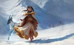  bare_legs barefoot black_hair braid cloak depingo earrings fantasy feet flock footprints fur goat hair_ornament ice jewelry long_hair mountain necklace original realistic robe shaman snow solo spirit winter 