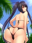  ass ass_cutout bare_shoulders bikini black_bikini black_hair blush butt_crack condom condom_wrapper from_behind heart_cutout highres kurochijo leaning_forward long_hair looking_back open_mouth original palm_tree ponytail red_eyes shiny shiny_skin shuugetsu_karasu solo summer sweat swimsuit thighs tree very_long_hair 