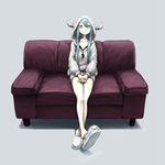  animal_slippers aqua_hair blue_eyes bunny bunny_slippers couch hands_clasped highres hood hoodie horns long_hair no_nose original own_hands_together sitting slippers solo toi_(number8) 
