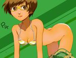  640mb bad_id bad_pixiv_id bikini_top brown_eyes brown_hair glasses no_panties pants_down persona persona_4 satonaka_chie short_hair shorts simple_background solo 