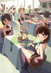  animal_ears bare_legs bunny_ears bunnysuit cafeteria cake chair checkerboard_cookie cookie cup dessert detached_collar food fork from_behind fruit kamo_kamen long_legs looking_back multiple_girls original ribbon sitting slice_of_cake strawberry table tablecloth teacup tiered_tray wrist_cuffs 