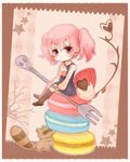  amane_(artist) bad_id bad_pixiv_id black_legwear chibi dress food fork fruit inu_x_boku_ss kneehighs macaron pink_hair purple_eyes roromiya_karuta sitting strawberry tanuki twintails watanuki_banri 