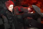  alcohol alternate_costume black boots couch crossed_legs cup drinking_glass eustass_captain_kid grin looking_away male_focus nanigashi_(xla009) necktie one_piece pale_skin red red_eyes red_hair red_wine sitting smile solo wine wine_glass 
