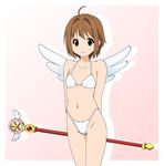  bikini brown_hair cardcaptor_sakura flat_chest fukuoka_katsumi green_eyes highleg highleg_bikini highleg_swimsuit hoshi_no_tsue kinomoto_sakura magical_girl short_hair smile solo swimsuit wand wings 