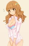  3cm blush bra breasts brown_eyes cleavage hair_ornament hairclip idolmaster idolmaster_cinderella_girls large_breasts lingerie long_hair moroboshi_kirari orange_hair polka_dot polka_dot_bra shirt_tug solo star star_hair_ornament sweatdrop underwear wavy_hair 