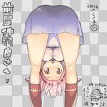  ass bent_over bow breasts checkered checkered_background chibi chibi_inset dated feet_out_of_frame large_breasts nakahara_(teriyaki) necktie original pink_hair red_eyes school_uniform skirt socks solo stretch teriyaki thighs translation_request upside-down 