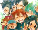  5boys bad_id bad_pixiv_id blue_hair brown_hair closed_eyes confetti friends green_hair ieiieiiei inazuma_eleven_(series) inazuma_eleven_go kageyama_hikaru kariya_masaki matsukaze_tenma multiple_boys nishizono_shinsuke open_mouth short_hair smile sorano_aoi tsurugi_kyousuke v 