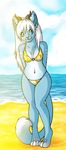  beach bikini blue_eyes blue_fur cat cute feline female ferniio horn seaside skimpy solo standing 