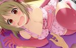  banned_artist blush breasts brown_eyes brown_hair cleavage elbow_gloves fay_(fay_axl) gloves hair_ribbon idolmaster idolmaster_cinderella_girls large_breasts mimura_kanako open_mouth pink_dot_balloon pink_legwear polka_dot ribbon short_hair thighhighs wavy_mouth 