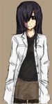  black_hair hair_over_one_eye hands_in_pockets ikezawa_hanako katawa_shoujo labcoat miniskirt older pantyhose pencil_skirt purple_eyes scar simple_background skirt smile solo twrlare 