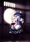  blue_dress blue_hair boots chair dress food fruit hat head_rest highres hinanawi_tenshi long_hair peach red_eyes round_window sitting solo sunlight touhou tsubasa_(abchipika) window 