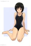 absurdres amagami bare_shoulders barefoot black_eyes black_hair blush bob_cut competition_swimsuit full_body highres ishikura_keiichi messy_hair nanasaki_ai non-web_source official_art one-piece_swimsuit scan short_hair simple_background sitting smile solo swimsuit wariza 
