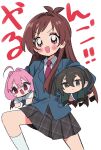  #unit_name_boshuuchuu_(idolmaster) 3girls :d ahoge antenna_hair blazer blush blush_stickers brown_hair chibi empty_eyes expressionless highres holding_person idolmaster idolmaster_cinderella_girls jacket kneehighs looking_at_viewer multiple_girls necktie plaid plaid_skirt pleated_skirt saito_katuo school_uniform simple_background skirt smile sunazuka_akira tsujino_akari v-shaped_eyebrows white_background yumemi_riamu 