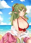 beach big_breasts biped breasts choker clothing cloud collarbone female fire_emblem green_eyes green_hair hair humanoid kyousa38 long_hair looking_at_viewer nintendo not_furry outside pointy_ears ponytail sand seaside sitting solo tiki_(fire_emblem) video_games water 