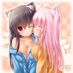  :&lt; animal_ears black_hair blush breasts cat_ears cheek_licking cleavage closed_eyes face_licking highres large_breasts licking long_hair mia_flatpaddy multiple_girls no_bra original pink_hair red_eyes shia_flatpaddy syroh yuri 